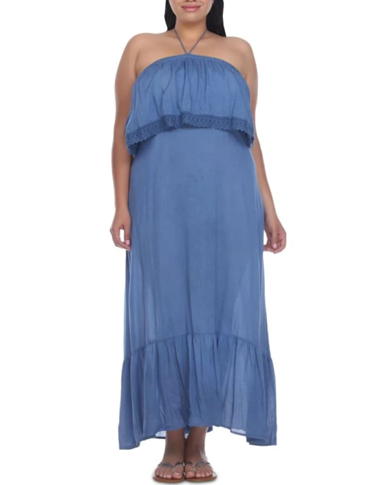 Front of a model wearing a size 3X Raviya Women's Plus Size Ruffled Cover-Up Dress Swimsuit Blue Size 3X in Blue by Raviya. | dia_product_style_image_id:313479